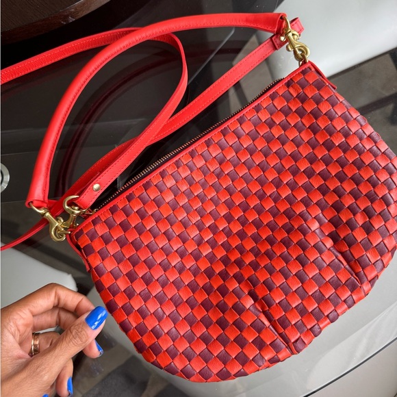 CLARE V Petit Moyen Bright Poppy & Bordeaux Woven Checker NWT - Picture 4 of 7